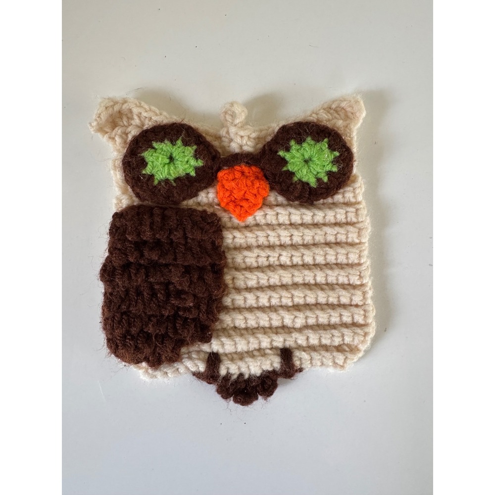 Handmade Crochet Owl Pot Holder Vintage Style Cream Brown Kitchen Trivet